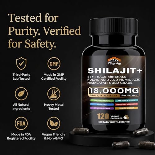 Shilajit Kapseln, Himalaya Bio Shilajit für Männer und Frauen, mit Ashwagandha Ginseng, Fulvinsäure und Spurenemineralien – 120 Kapseln