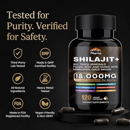 Shilajit Kapseln, Himalaya Bio Shilajit für Männer und Frauen, mit Ashwagandha Ginseng, Fulvinsäure und Spurenemineralien – 120 Kapseln