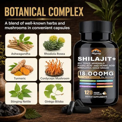 Shilajit Kapseln, Himalaya Bio Shilajit für Männer und Frauen, mit Ashwagandha Ginseng, Fulvinsäure und Spurenemineralien – 120 Kapseln