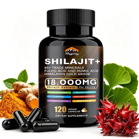 Shilajit Kapseln, Himalaya Bio Shilajit für Männer und Frauen, mit Ashwagandha Ginseng, Fulvinsäure und Spurenemineralien – 120 Kapseln
