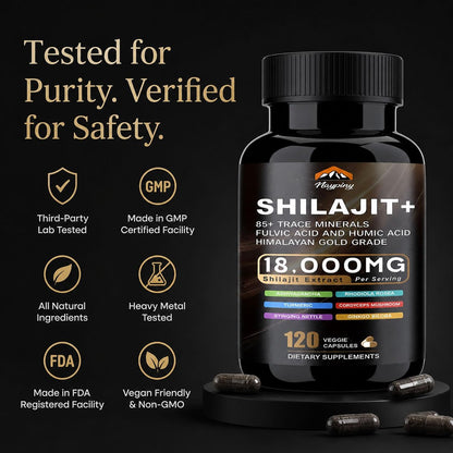 Shilajit Kapseln, Himalaya Bio Shilajit für Männer und Frauen, mit Ashwagandha Ginseng, Fulvinsäure und Spurenemineralien – 120 Kapseln