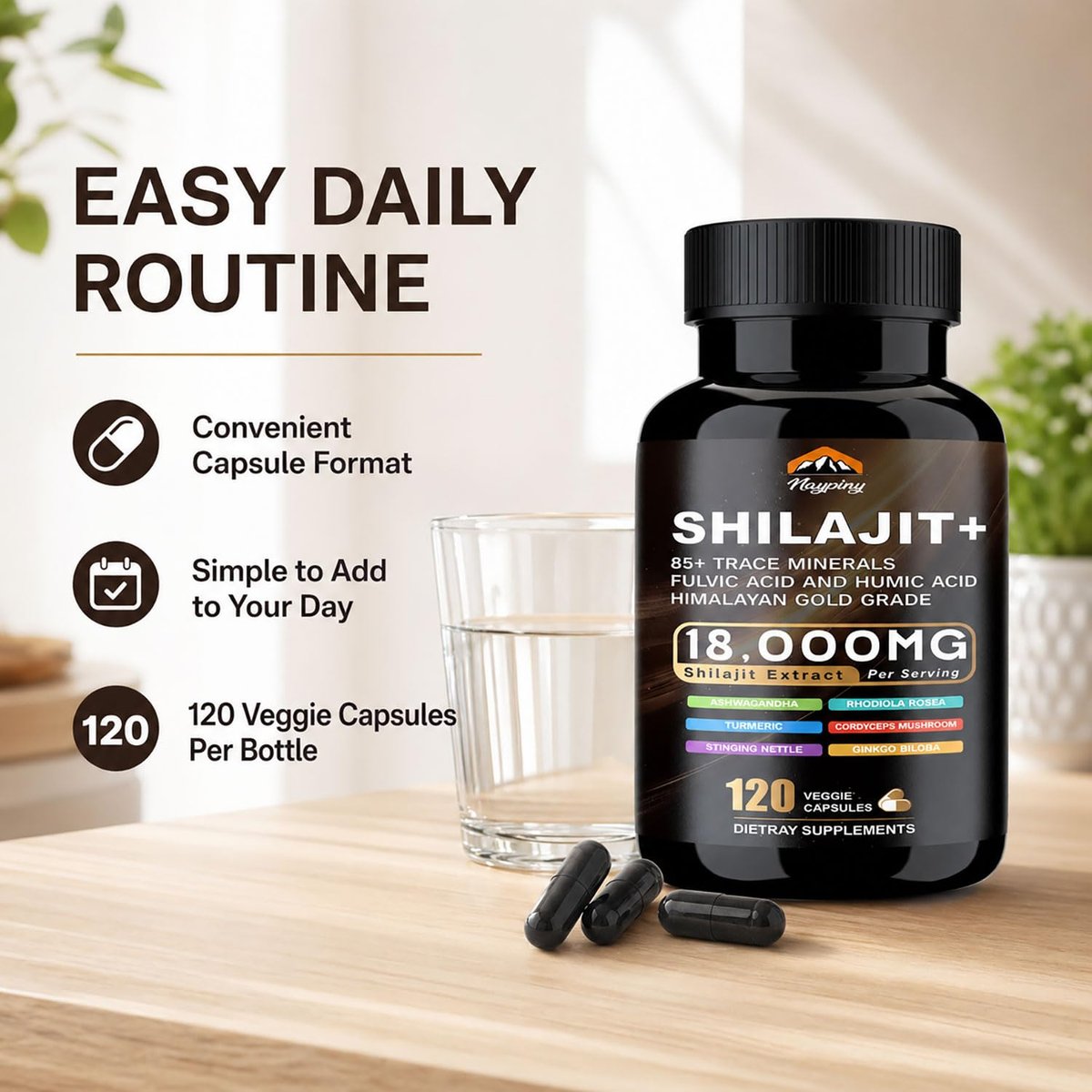 Shilajit Kapseln, Himalaya Bio Shilajit für Männer und Frauen, mit Ashwagandha Ginseng, Fulvinsäure und Spurenemineralien – 120 Kapseln