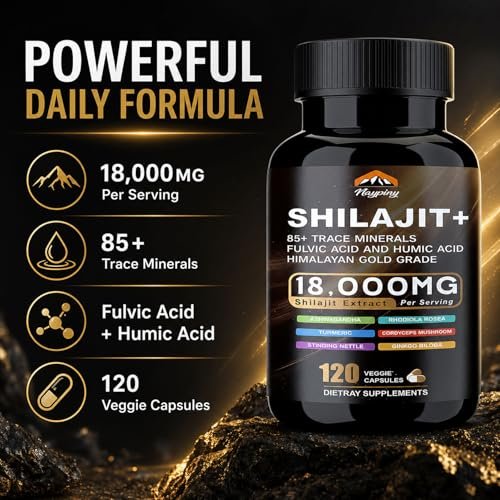 Shilajit Kapseln, Himalaya Bio Shilajit für Männer und Frauen, mit Ashwagandha Ginseng, Fulvinsäure und Spurenemineralien – 120 Kapseln