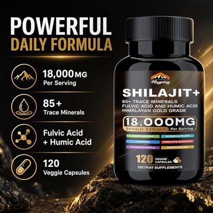 Shilajit Kapseln, Himalaya Bio Shilajit für Männer und Frauen, mit Ashwagandha Ginseng, Fulvinsäure und Spurenemineralien – 120 Kapseln