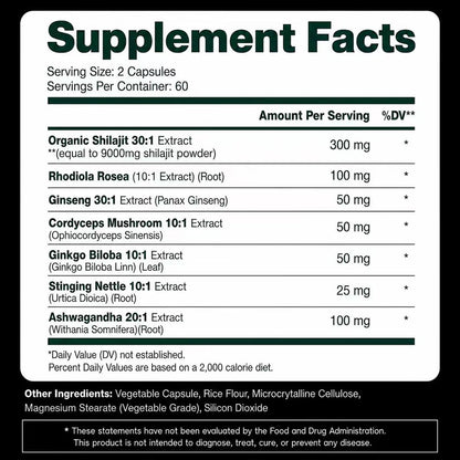 Shilajit Kapseln, Himalaya Bio Shilajit für Männer und Frauen, mit Ashwagandha Ginseng, Fulvinsäure und Spurenemineralien – 120 Kapseln