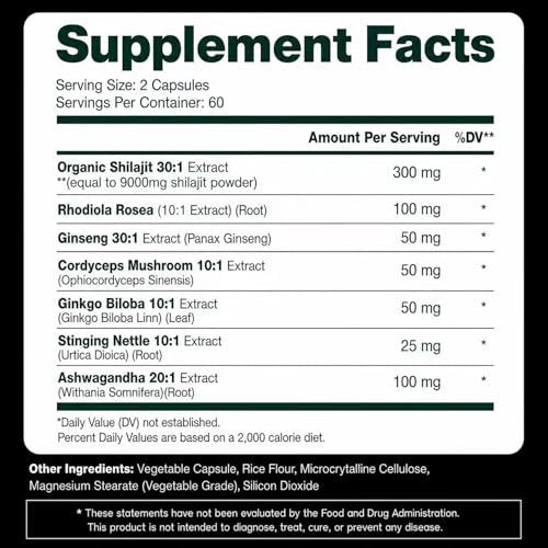 Shilajit Kapseln, Himalaya Bio Shilajit für Männer und Frauen, mit Ashwagandha Ginseng, Fulvinsäure und Spurenemineralien – 120 Kapseln