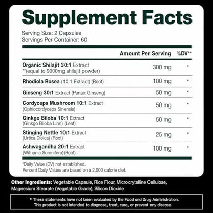 Shilajit Kapseln, Himalaya Bio Shilajit für Männer und Frauen, mit Ashwagandha Ginseng, Fulvinsäure und Spurenemineralien – 120 Kapseln