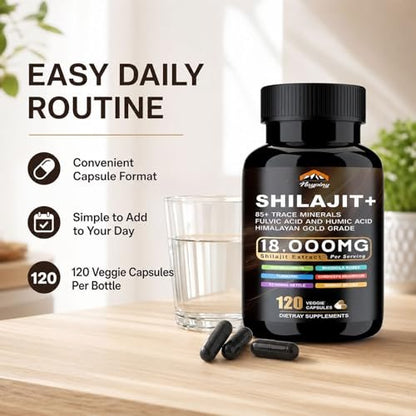 Shilajit Kapseln, Himalaya Bio Shilajit für Männer und Frauen, mit Ashwagandha Ginseng, Fulvinsäure und Spurenemineralien – 120 Kapseln