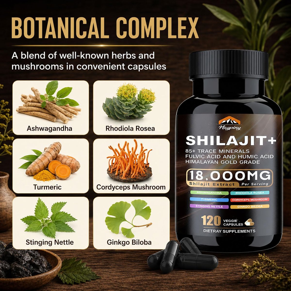 Shilajit Kapseln, Himalaya Bio Shilajit für Männer und Frauen, mit Ashwagandha Ginseng, Fulvinsäure und Spurenemineralien – 120 Kapseln