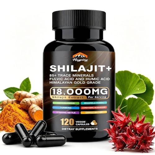 Shilajit Kapseln, Himalaya Bio Shilajit für Männer und Frauen, mit Ashwagandha Ginseng, Fulvinsäure und Spurenemineralien – 120 Kapseln