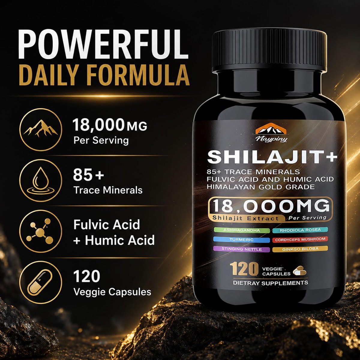 Shilajit Kapseln, Himalaya Bio Shilajit für Männer und Frauen, mit Ashwagandha Ginseng, Fulvinsäure und Spurenemineralien – 120 Kapseln
