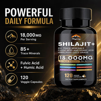 Shilajit Kapseln, Himalaya Bio Shilajit für Männer und Frauen, mit Ashwagandha Ginseng, Fulvinsäure und Spurenemineralien – 120 Kapseln