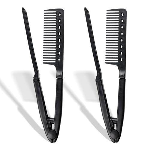 Haarglättungskamm – Hitzebeständig, verwicklungsfrei, V-förmiges Styling-Tool für Glätteisen & Lockenstäbe, reisefertig (Schwarz, Kunststoff, trockenes Haar, 2er-Pack)