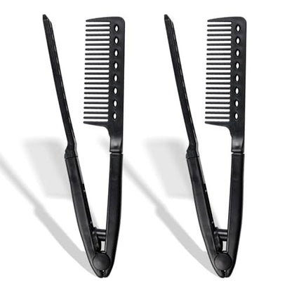 Haarglättungskamm – Hitzebeständig, verwicklungsfrei, V-förmiges Styling-Tool für Glätteisen & Lockenstäbe, reisefertig (Schwarz, Kunststoff, trockenes Haar, 2er-Pack)
