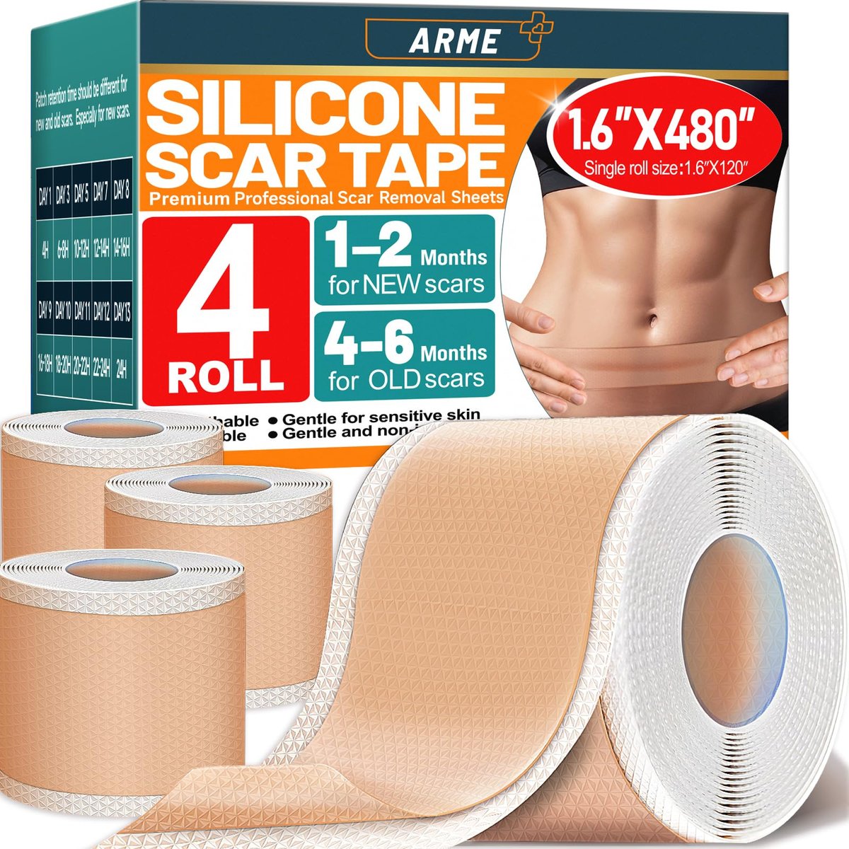 Arme Silikon-Narbenband, 1,6" x 480" Silikon-Narbenfolien (4 Rollen - 12 m) Medizinisches Silikon-Narbenband für Operationsnarben, wiederverwendbare Narbenpflaster, professionelle Narbenentfernungsstreifen für Kaiserschnitt-Keloide, Bauchdeckenstraffung