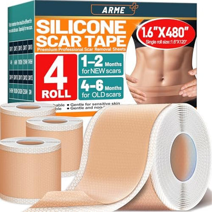 Arme Silikon-Narbenband, 1,6" x 480" Silikon-Narbenfolien (4 Rollen - 12 m) Medizinisches Silikon-Narbenband für Operationsnarben, wiederverwendbare Narbenpflaster, professionelle Narbenentfernungsstreifen für Kaiserschnitt-Keloide, Bauchdeckenstraffung
