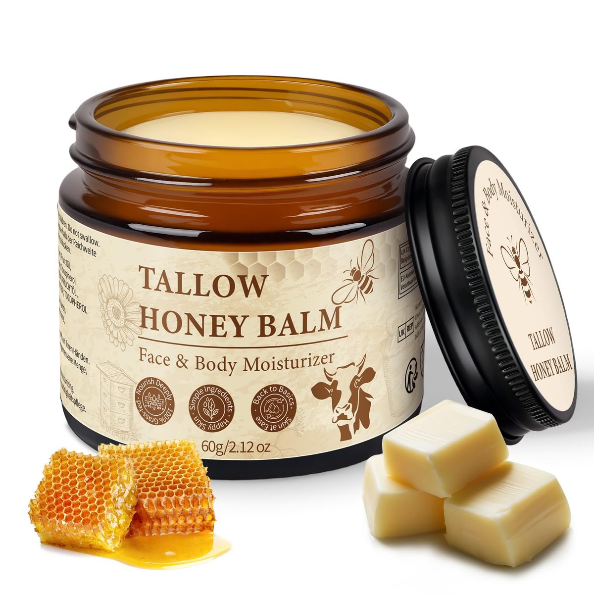 Tallow and Honey Balm für das Gesicht – Rindertalg für die Haut, grasgefütterter Rindertalg & roher Wildhonig, Körper- & Gesichtsfeuchtigkeitscreme