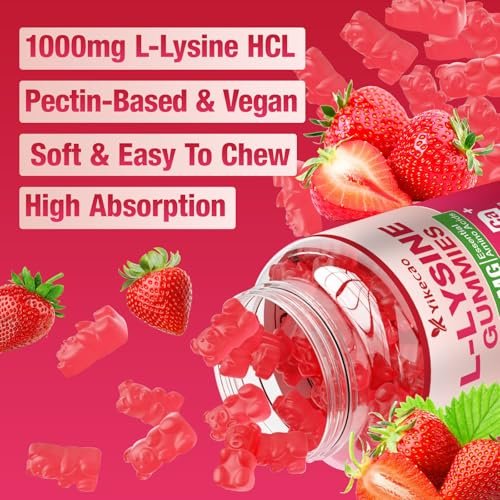 Yikecao L-Lysin 1000mg Gummis – Zuckerfreie, vegane Lutschgummis für Lippen & Haut, Immunsystem-Unterstützung, essentielle Aminosäure, Erdbeergeschmack, 60 Stück