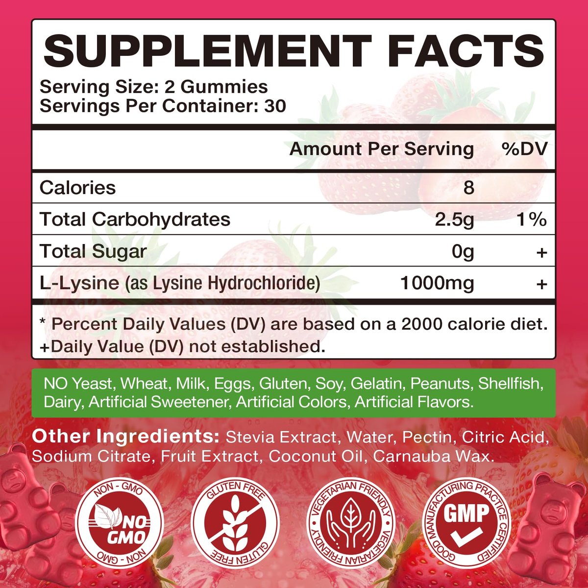 Yikecao L-Lysin 1000mg Gummis – Zuckerfreie, vegane Lutschgummis für Lippen & Haut, Immunsystem-Unterstützung, essentielle Aminosäure, Erdbeergeschmack, 60 Stück
