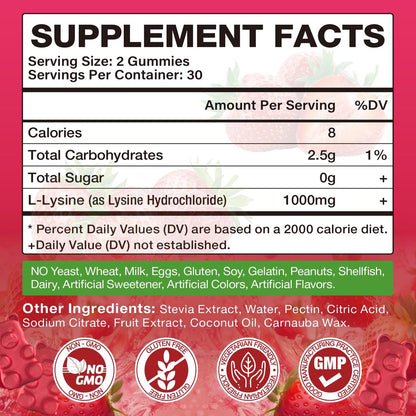 Yikecao L-Lysin 1000mg Gummis – Zuckerfreie, vegane Lutschgummis für Lippen & Haut, Immunsystem-Unterstützung, essentielle Aminosäure, Erdbeergeschmack, 60 Stück