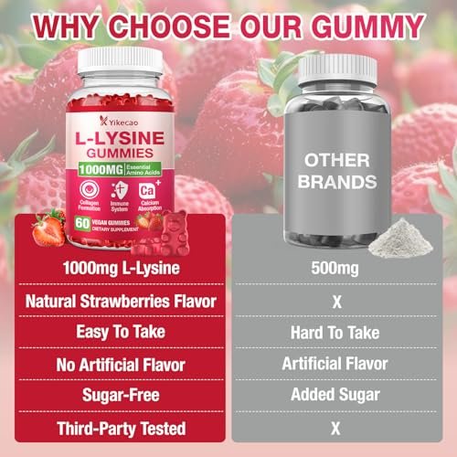 Yikecao L-Lysin 1000mg Gummis – Zuckerfreie, vegane Lutschgummis für Lippen & Haut, Immunsystem-Unterstützung, essentielle Aminosäure, Erdbeergeschmack, 60 Stück