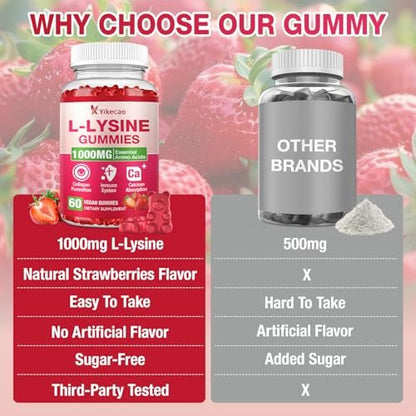 Yikecao L-Lysin 1000mg Gummis – Zuckerfreie, vegane Lutschgummis für Lippen & Haut, Immunsystem-Unterstützung, essentielle Aminosäure, Erdbeergeschmack, 60 Stück