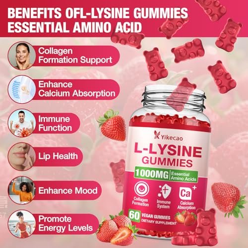 Yikecao L-Lysin 1000mg Gummis – Zuckerfreie, vegane Lutschgummis für Lippen & Haut, Immunsystem-Unterstützung, essentielle Aminosäure, Erdbeergeschmack, 60 Stück