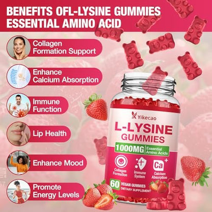 Yikecao L-Lysin 1000mg Gummis – Zuckerfreie, vegane Lutschgummis für Lippen & Haut, Immunsystem-Unterstützung, essentielle Aminosäure, Erdbeergeschmack, 60 Stück