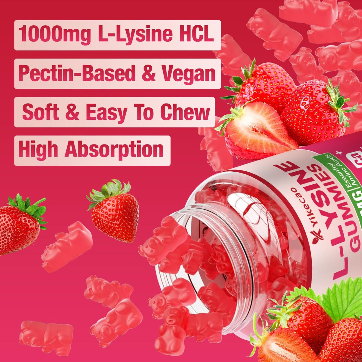 Yikecao L-Lysin 1000mg Gummis – Zuckerfreie, vegane Lutschgummis für Lippen & Haut, Immunsystem-Unterstützung, essentielle Aminosäure, Erdbeergeschmack, 60 Stück