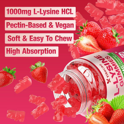 Yikecao L-Lysin 1000mg Gummis – Zuckerfreie, vegane Lutschgummis für Lippen & Haut, Immunsystem-Unterstützung, essentielle Aminosäure, Erdbeergeschmack, 60 Stück