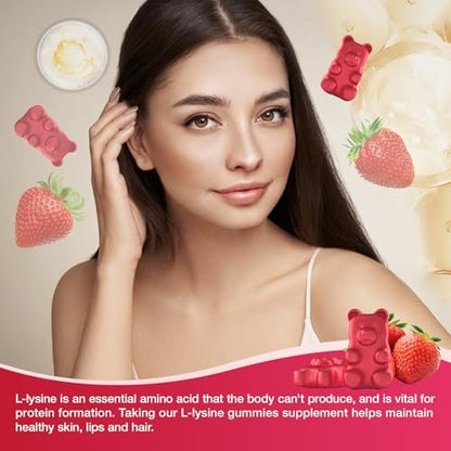 Yikecao L-Lysin 1000mg Gummis – Zuckerfreie, vegane Lutschgummis für Lippen & Haut, Immunsystem-Unterstützung, essentielle Aminosäure, Erdbeergeschmack, 60 Stück