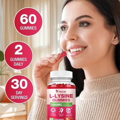 Yikecao L-Lysin 1000mg Gummis – Zuckerfreie, vegane Lutschgummis für Lippen & Haut, Immunsystem-Unterstützung, essentielle Aminosäure, Erdbeergeschmack, 60 Stück