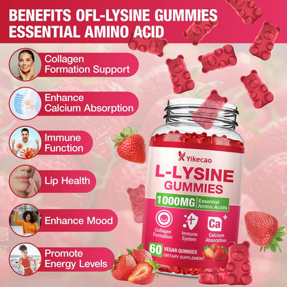 Yikecao L-Lysin 1000mg Gummis – Zuckerfreie, vegane Lutschgummis für Lippen & Haut, Immunsystem-Unterstützung, essentielle Aminosäure, Erdbeergeschmack, 60 Stück