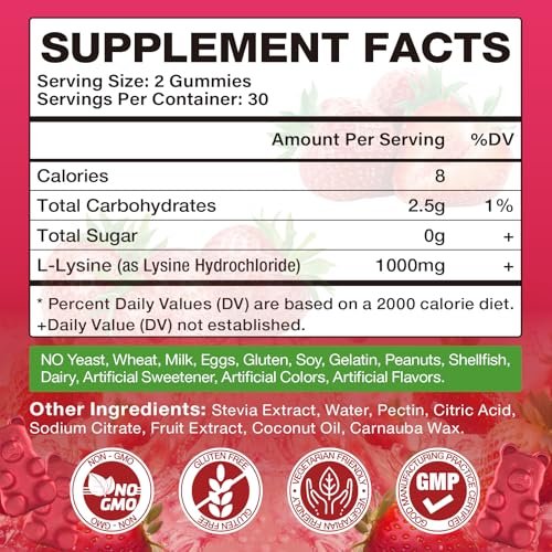 Yikecao L-Lysin 1000mg Gummis – Zuckerfreie, vegane Lutschgummis für Lippen & Haut, Immunsystem-Unterstützung, essentielle Aminosäure, Erdbeergeschmack, 60 Stück