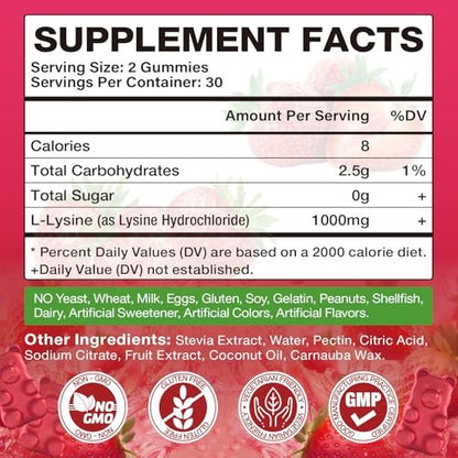Yikecao L-Lysin 1000mg Gummis – Zuckerfreie, vegane Lutschgummis für Lippen & Haut, Immunsystem-Unterstützung, essentielle Aminosäure, Erdbeergeschmack, 60 Stück