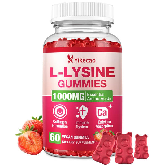 Yikecao L-Lysin 1000mg Gummis – Zuckerfreie, vegane Lutschgummis für Lippen & Haut, Immunsystem-Unterstützung, essentielle Aminosäure, Erdbeergeschmack, 60 Stück