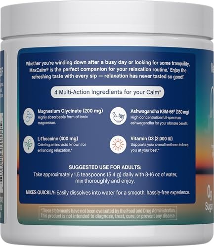 Max Calm Entspannungsgetränk-Pulver | Himbeer-Zitronen-Geschmack | Magnesiumglycinat, KSM-66 Ashwagandha, L-Theanin & Vitamin D3 | MaxCalm | Glutenfrei, Vegan | 227 g Pulver