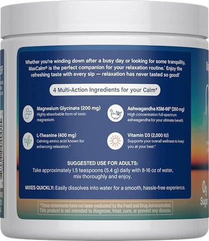 Max Calm Entspannungsgetränk-Pulver | Himbeer-Zitronen-Geschmack | Magnesiumglycinat, KSM-66 Ashwagandha, L-Theanin & Vitamin D3 | MaxCalm | Glutenfrei, Vegan | 227 g Pulver