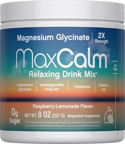 Max Calm Entspannungsgetränk-Pulver | Himbeer-Zitronen-Geschmack | Magnesiumglycinat, KSM-66 Ashwagandha, L-Theanin & Vitamin D3 | MaxCalm | Glutenfrei, Vegan | 227 g Pulver