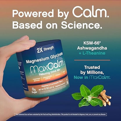 Max Calm Entspannungsgetränk-Pulver | Himbeer-Zitronen-Geschmack | Magnesiumglycinat, KSM-66 Ashwagandha, L-Theanin & Vitamin D3 | MaxCalm | Glutenfrei, Vegan | 227 g Pulver