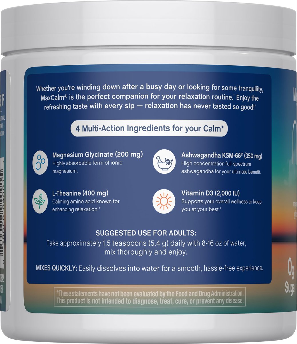 Max Calm Entspannungsgetränk-Pulver | Himbeer-Zitronen-Geschmack | Magnesiumglycinat, KSM-66 Ashwagandha, L-Theanin & Vitamin D3 | MaxCalm | Glutenfrei, Vegan | 227 g Pulver