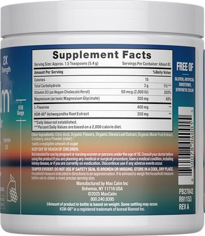 Max Calm Entspannungsgetränk-Pulver | Himbeer-Zitronen-Geschmack | Magnesiumglycinat, KSM-66 Ashwagandha, L-Theanin & Vitamin D3 | MaxCalm | Glutenfrei, Vegan | 227 g Pulver