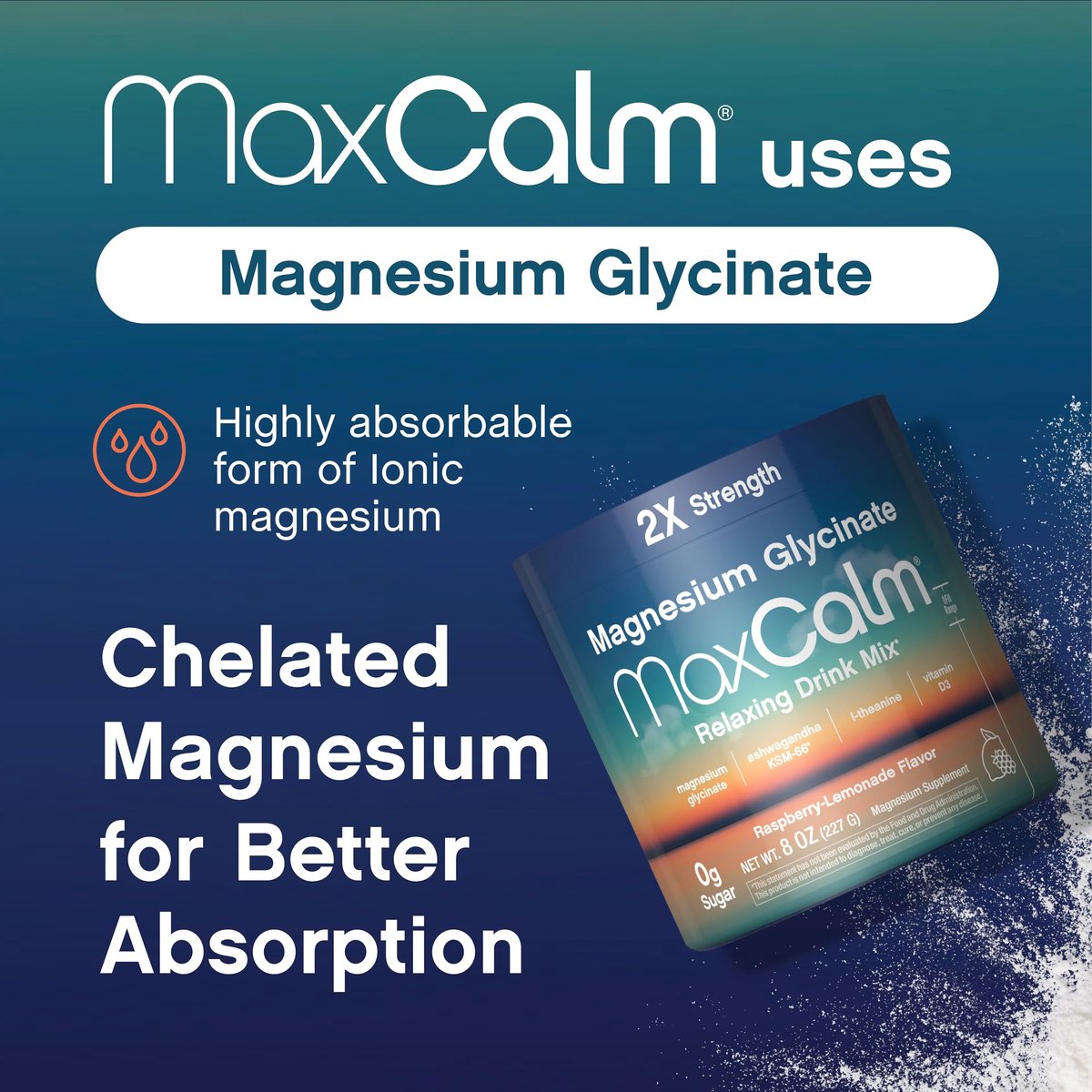 Max Calm Entspannungsgetränk-Pulver | Himbeer-Zitronen-Geschmack | Magnesiumglycinat, KSM-66 Ashwagandha, L-Theanin & Vitamin D3 | MaxCalm | Glutenfrei, Vegan | 227 g Pulver
