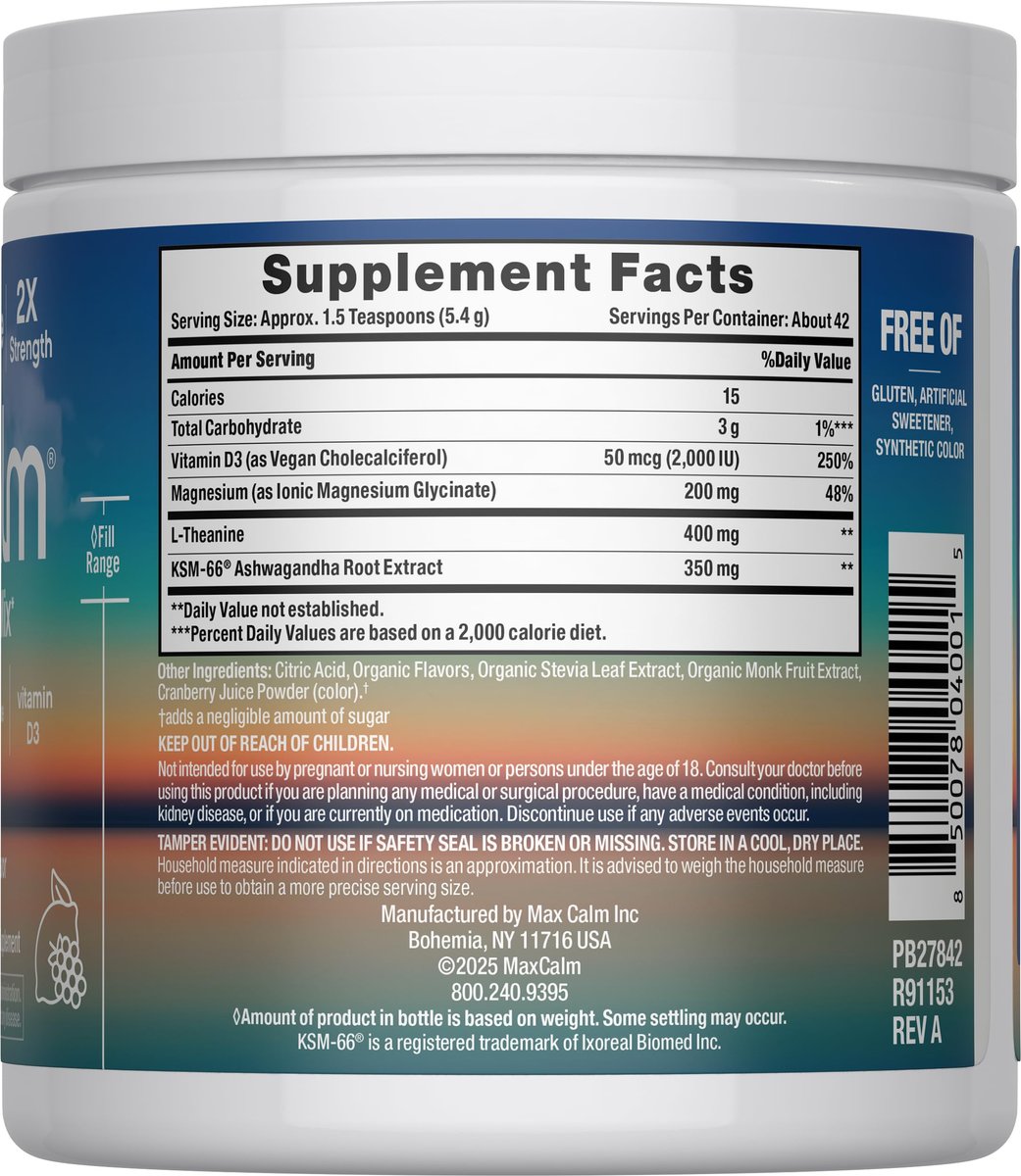 Max Calm Entspannungsgetränk-Pulver | Himbeer-Zitronen-Geschmack | Magnesiumglycinat, KSM-66 Ashwagandha, L-Theanin & Vitamin D3 | MaxCalm | Glutenfrei, Vegan | 227 g Pulver