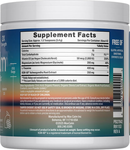 Max Calm Entspannungsgetränk-Pulver | Himbeer-Zitronen-Geschmack | Magnesiumglycinat, KSM-66 Ashwagandha, L-Theanin & Vitamin D3 | MaxCalm | Glutenfrei, Vegan | 227 g Pulver