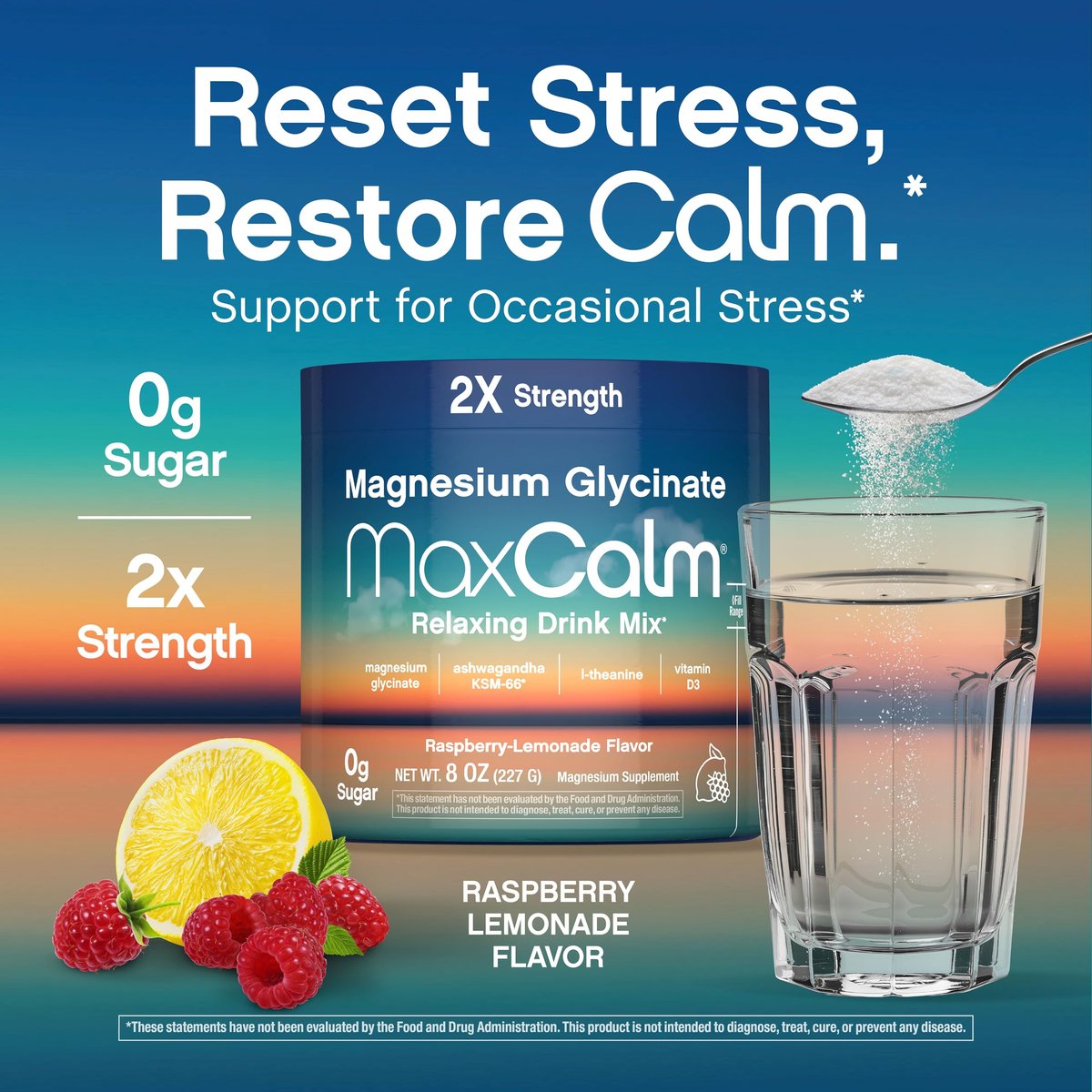 Max Calm Entspannungsgetränk-Pulver | Himbeer-Zitronen-Geschmack | Magnesiumglycinat, KSM-66 Ashwagandha, L-Theanin & Vitamin D3 | MaxCalm | Glutenfrei, Vegan | 227 g Pulver