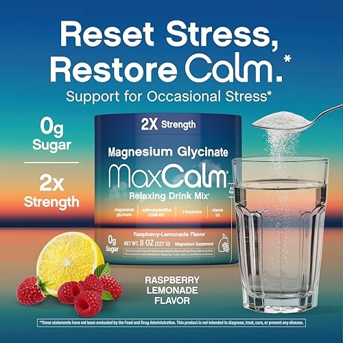 Max Calm Entspannungsgetränk-Pulver | Himbeer-Zitronen-Geschmack | Magnesiumglycinat, KSM-66 Ashwagandha, L-Theanin & Vitamin D3 | MaxCalm | Glutenfrei, Vegan | 227 g Pulver