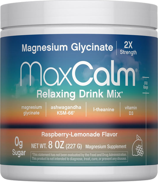 Max Calm Entspannungsgetränk-Pulver | Himbeer-Zitronen-Geschmack | Magnesiumglycinat, KSM-66 Ashwagandha, L-Theanin & Vitamin D3 | MaxCalm | Glutenfrei, Vegan | 227 g Pulver