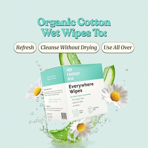 Her Fantasy Box | Everywhere Wipes – 100% Bio-Baumwolle, Sanft & Erfrischend, pH-ausgeglichen, Duftfrei, Pflanzlich für Körper, Gesicht & Intimbereich, Ideal für empfindliche Haut - 1 Packung, 15 Tücher