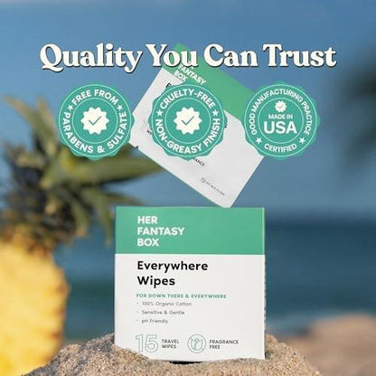 Her Fantasy Box | Everywhere Wipes – 100% Bio-Baumwolle, Sanft & Erfrischend, pH-ausgeglichen, Duftfrei, Pflanzlich für Körper, Gesicht & Intimbereich, Ideal für empfindliche Haut - 1 Packung, 15 Tücher